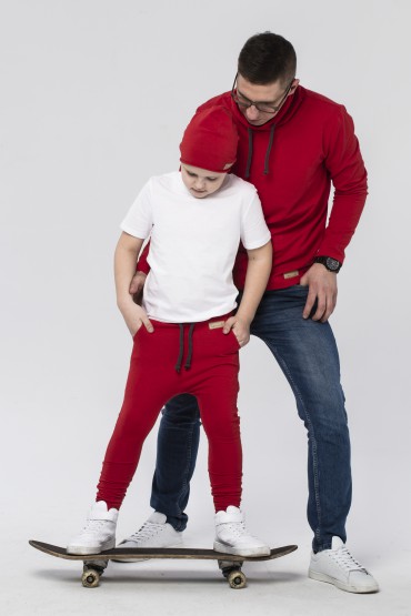 FATHER AND SON - MEN'S SWEATSHIRT AND BAGGY TROUSERS FOR A BOY - FAMILY IN RED