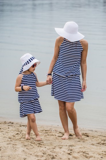 SET OF TRAPEZOID BLUE POLKA DOT DRESSES FOR MOTHER AND DAUGHTER - STRIPES