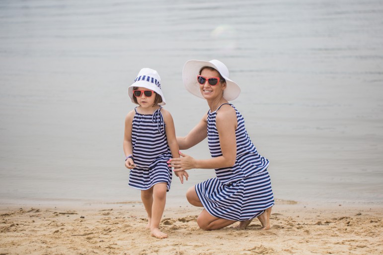 2SET OF TRAPEZOID BLUE POLKA DOT DRESSES FOR MOTHER AND DAUGHTER - STRIPES