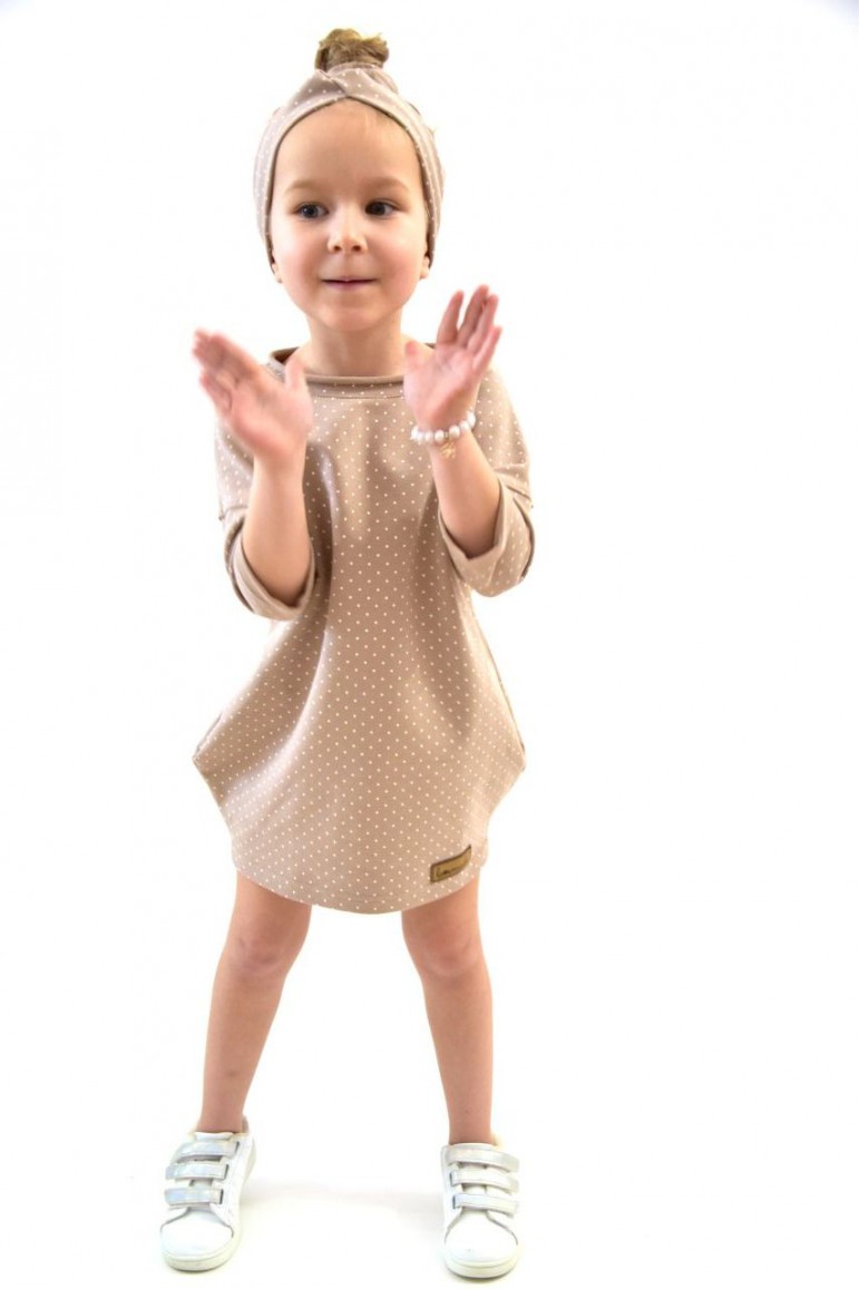 2GIRL'S TUNIC DRESS WITH POCKETS - BEIGE WITH DOTS