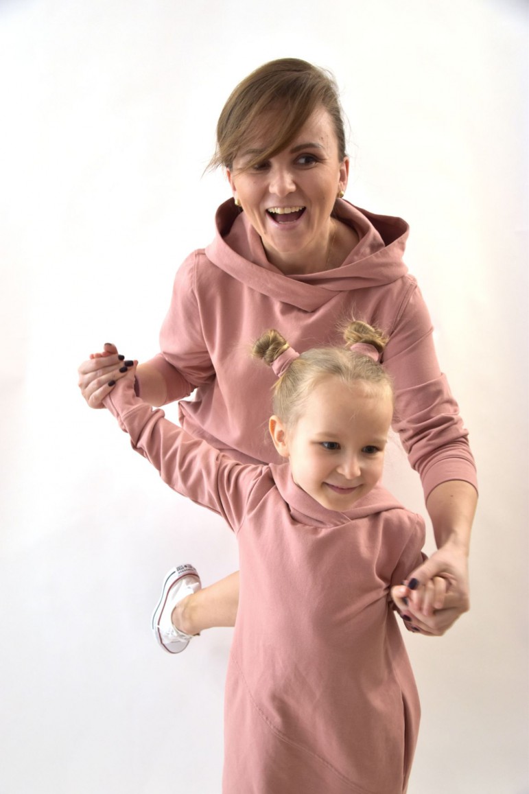2CASUAL LOOSE LONG HOODED SWEATSHIRT FOR MOTHER AND DAUGHTER - PINK