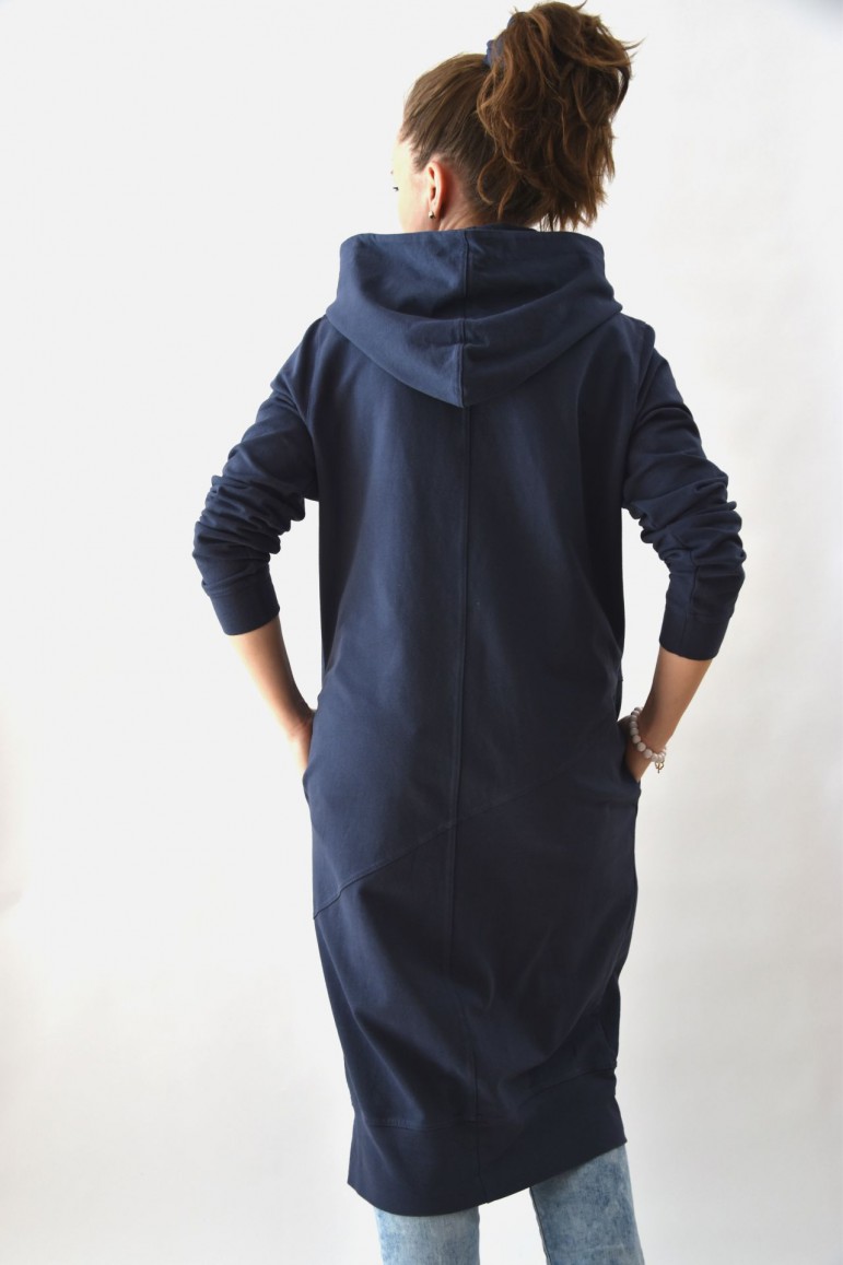2LONG HOODED SWEATSHIRT, SPORT DRESS WITH HOOD LONG VERSION - WASHED JEANS