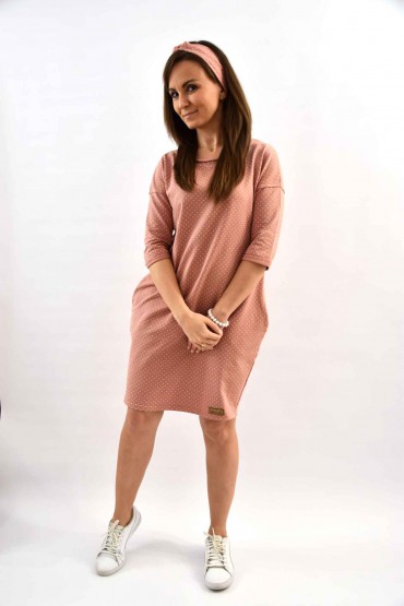 WOMEN’S TUNIC DRESS WITH POCKETS - POWDER PINK WITH DOTS