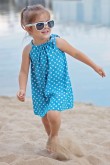 2TRAPEZOID BLUE POLKA DOT DRESS FOR A GIRL WITH BINDING