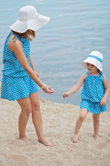 SET OF TRAPEZOID BLUE POLKA DOT DRESSES FOR MOTHER AND DAUGHTER - BLUE