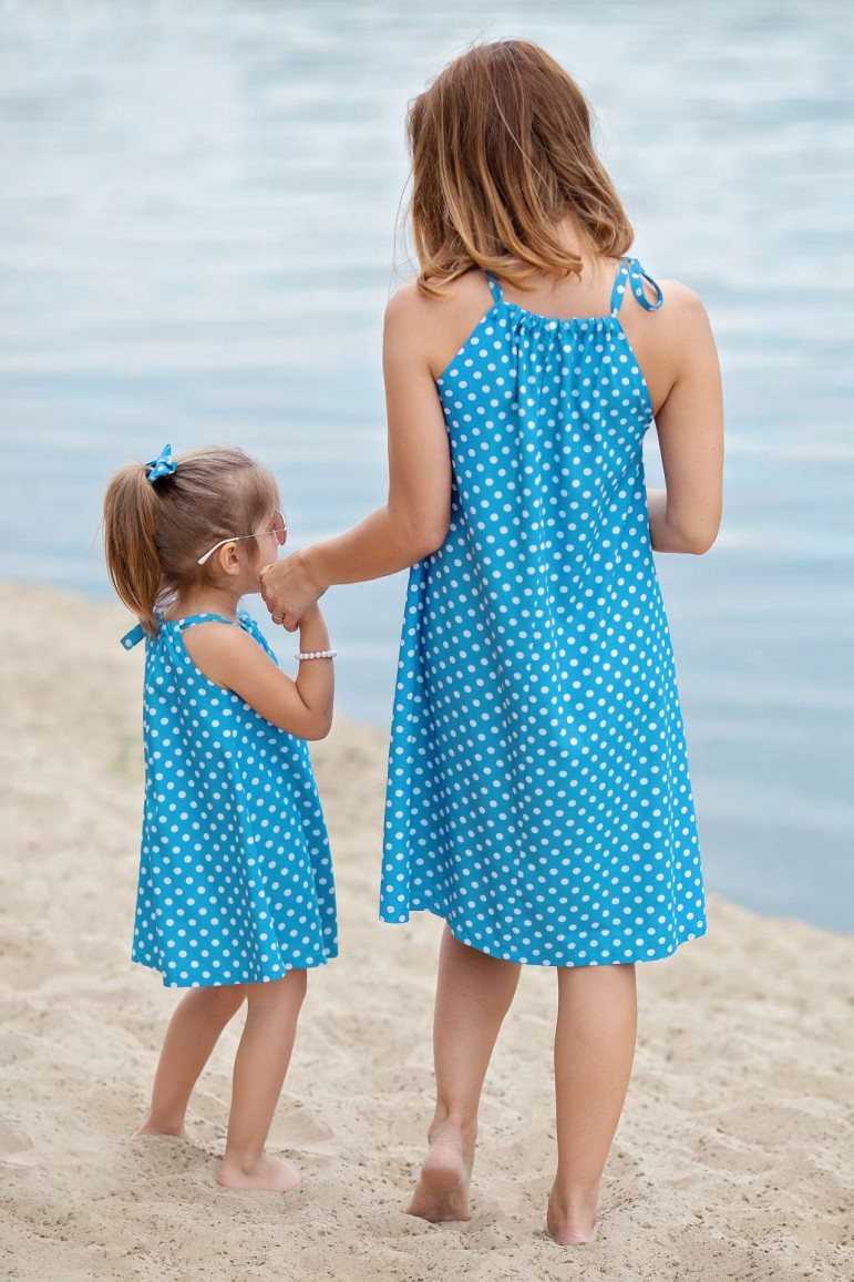 2SET OF TRAPEZOID BLUE POLKA DOT DRESSES FOR MOTHER AND DAUGHTER - BLUE