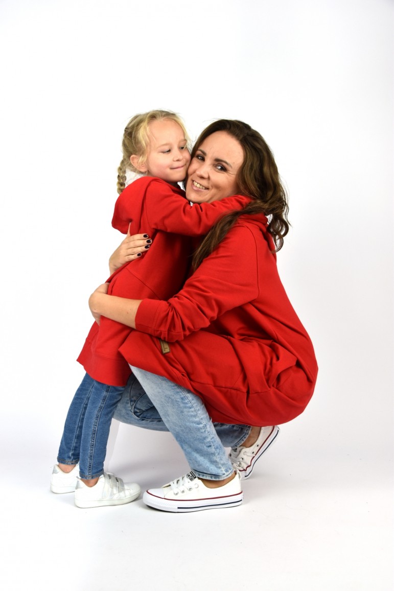 2CASUAL LOOSE LONG HOODED SWEATSHIRT FOR MOTHER AND DAUGHTER - RED