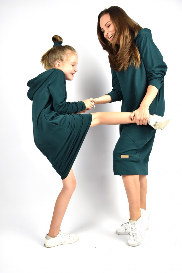 2CASUAL LOOSE LONG HOODED SWEATSHIRT GREEN FOR MOTHER AND DAUGHTER - GREEN