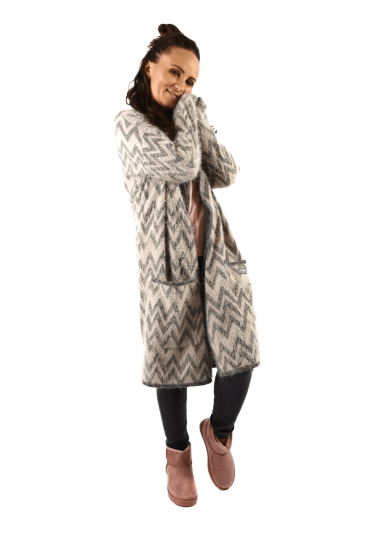 WOMEN'S LONG CARDIGAN WITH POCKETS - GRAY WITH GENTLE PINK