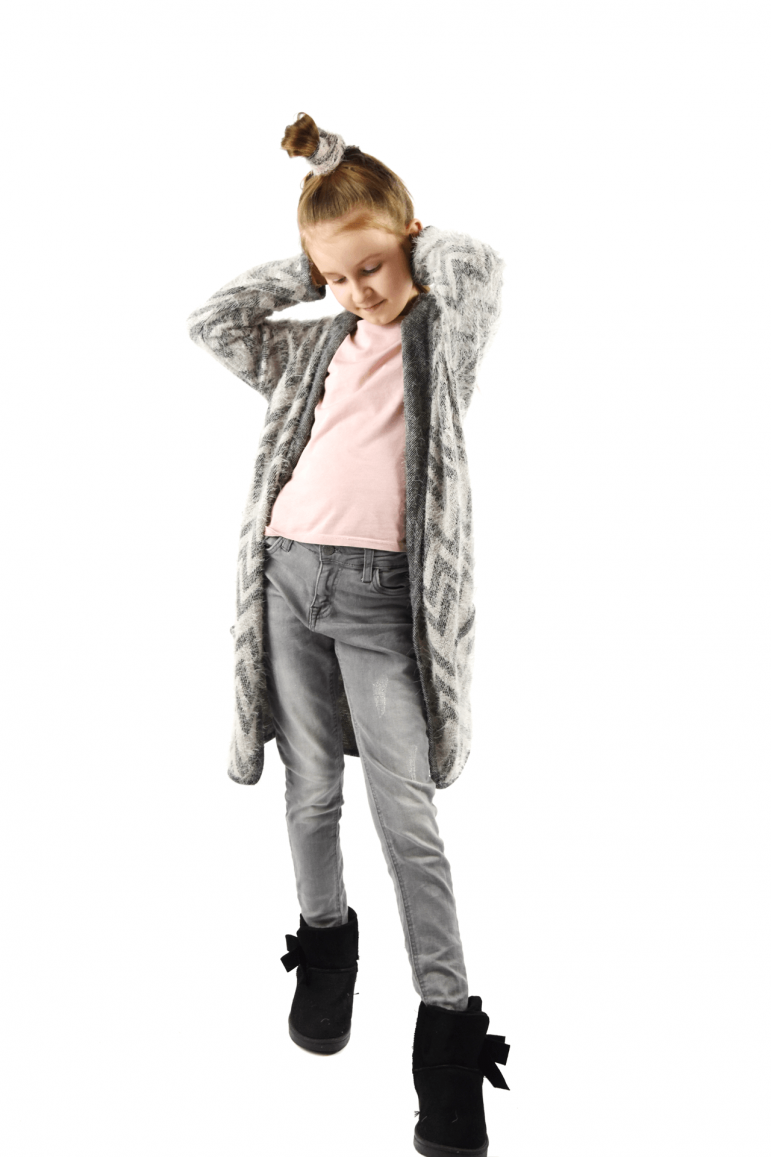 2LONG CARDIGAN FOR GIRL WITH POCKETS - GRAY