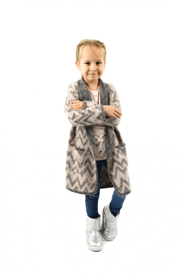 2LONG CARDIGAN FOR GIRL WITH POCKETS - GRAY WITH SOFT PINK