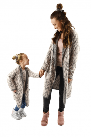 LONG SWEATER CARDIGAN WITH POCKETS IN GRAY-PINK COLOUR FOR MOTHER AND DAUGHTER