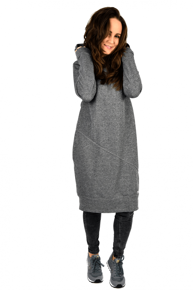 2LONG HOODED SWEATSHIRT, DRESS WITH HOOD - WITH A SILVER THREAD