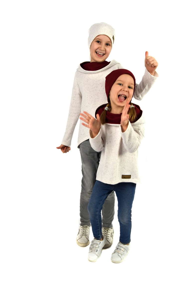2SWEATSHIRTS WITH AN EXTENDED BACK FOR SISTERS - ECRU AND BURGUNDY