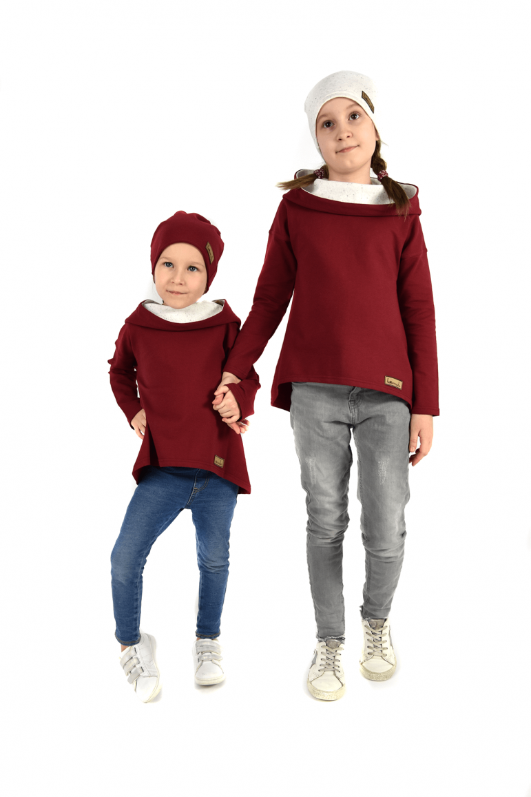 2SWEATSHIRTS WITH AN EXTENDED BACK FOR SISTERS - ECRU WITH BURGUNDY