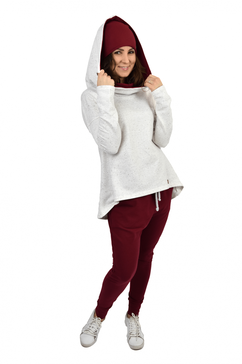 2WOMEN'S SWEATSHIRT WITH AN EXTENDED BACK - ECRU WITH BURGUNDY