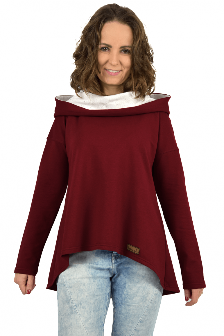 2WOMEN'S SWEATSHIRT WITH AN EXTENDED BACK - BURGUNDY WITH ECRU