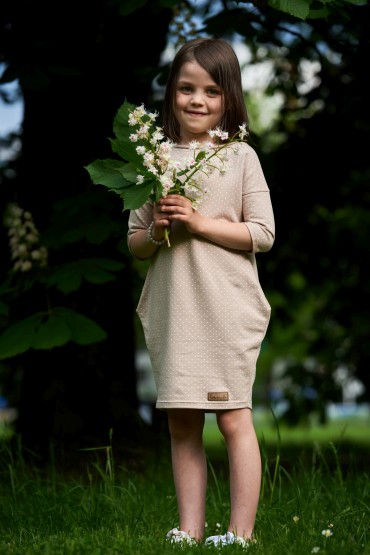 GIRL'S TUNIC DRESS WITH POCKETS - BEIGE WITH DOTS
