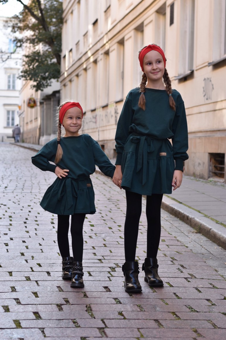2A SET OF THE SAME DRESSES WITH A FRILL FOR SISTERS IN BOTTLE GREEN