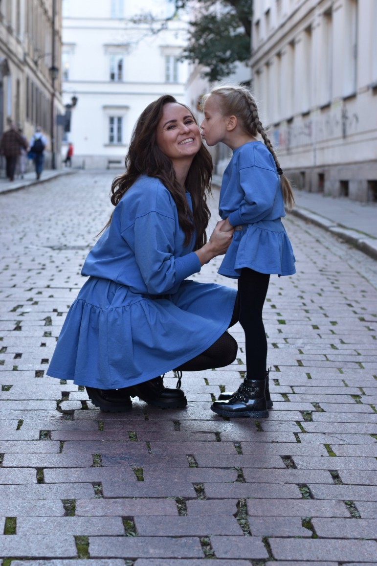 2A SET OF LOOSE DRESSES WITH A FRILL FOR MOTHER AND DAUGHTER - BLUE COLOR