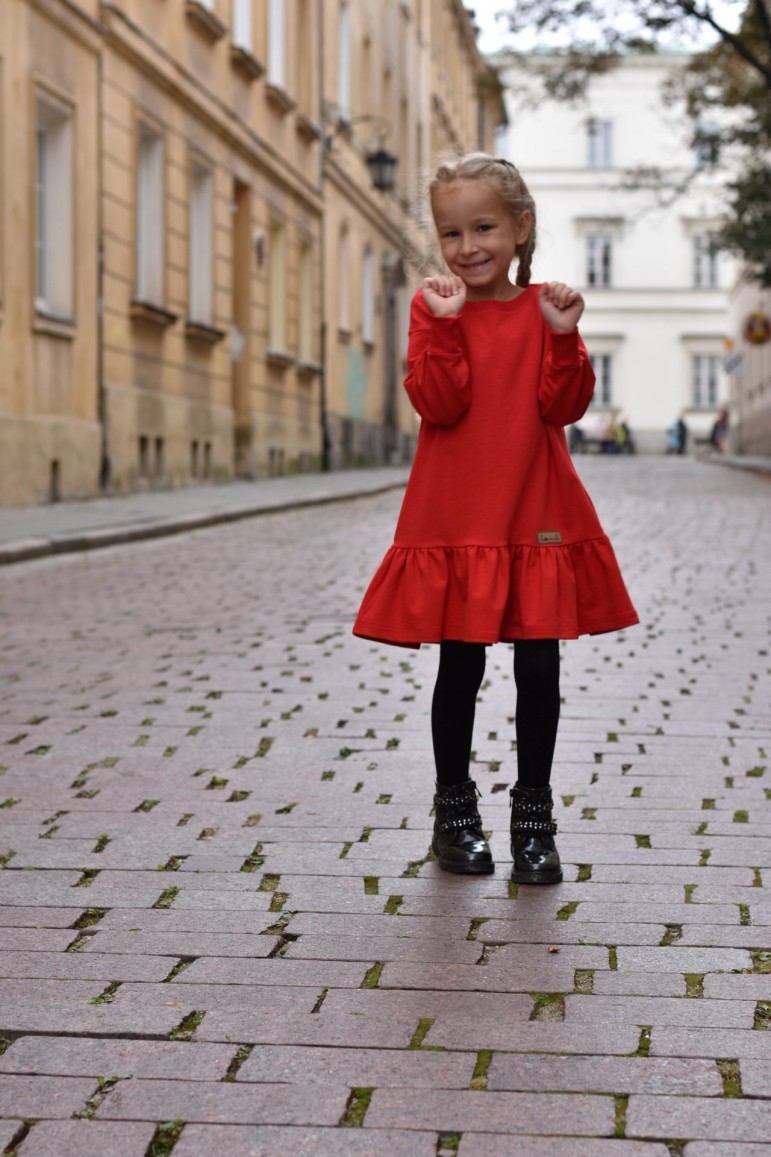 2LOOSE DRESS WITH A FRILL AND BELT FOR GIRLS - RED