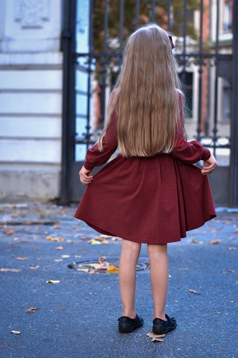 2CHARMING GIRL'S DRESS WITH A BELT BOW - BURGUNDY FOR CHRISTMAS