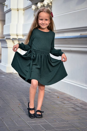 CHARMING GIRL'S DRESS WITH A BELT BOW - GREEN