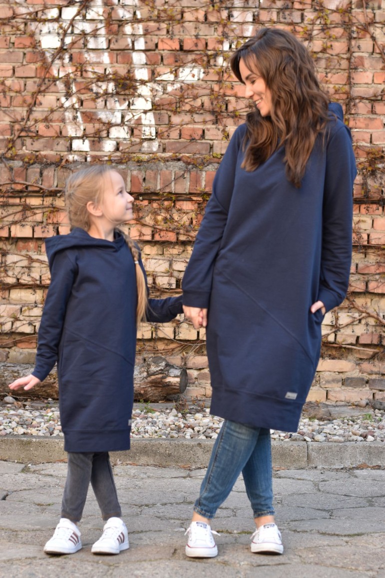 2CASUAL LOOSE LONG HOODED SWEATSHIRT FOR MOTHER AND DAUGHTER - WASHED JEANS