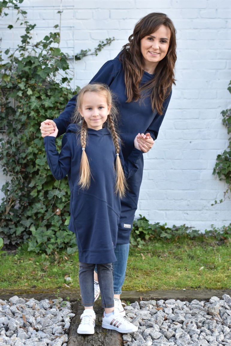 2CASUAL LOOSE LONG HOODED SWEATSHIRT FOR MOTHER AND DAUGHTER - WASHED JEANS