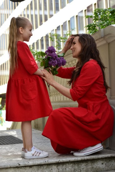 MOTHER DAUGHTER MATCHING DRESS WITH BIG POCKETS - RED