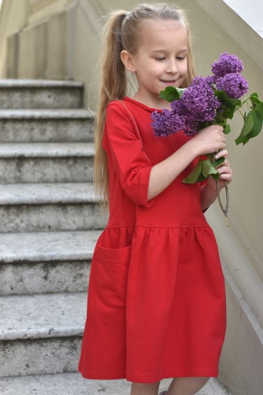 KNITTED DRESS WITH POCKETS FOR GIRL - RED